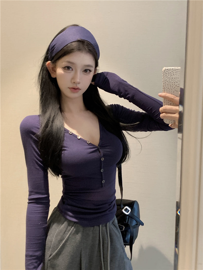 美式復古休閒V領長袖上衣