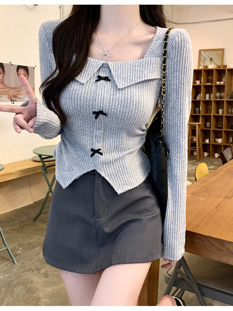 美式覆古辣妹蝴蝶結方領長袖
