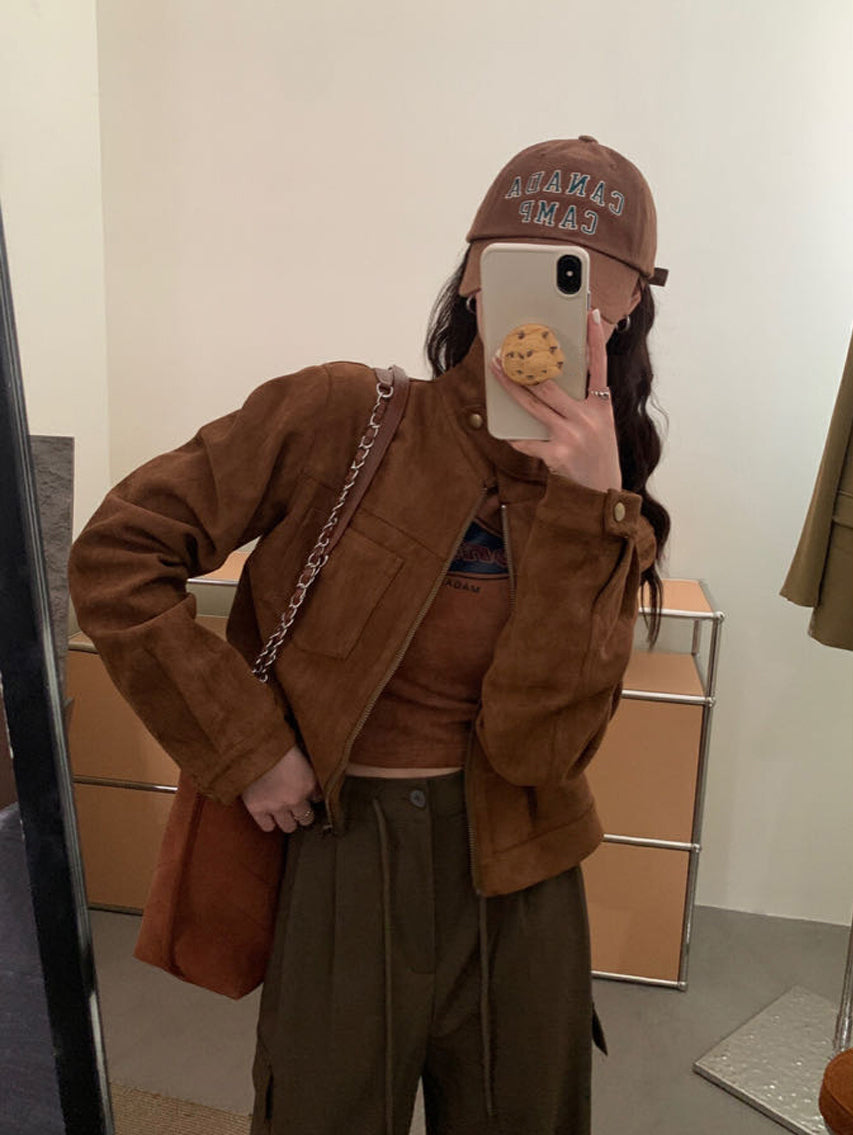 設計感皮絨氣質立領短外套