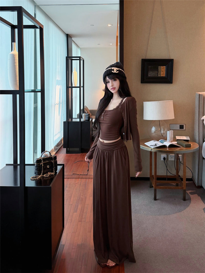 氣質性感蕾絲吊帶背心外套褲子三件套
