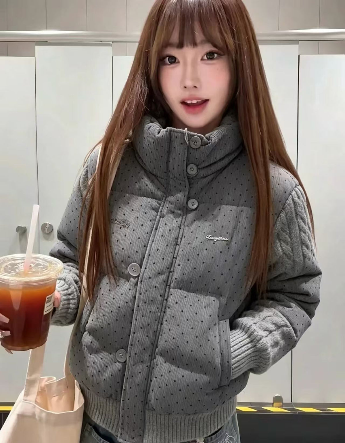 韓系甜美波點針織拼接長袖外套