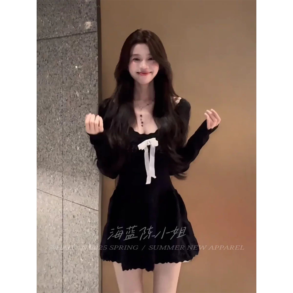 溫柔千金少女蝴蝶結鉤花針織連衣裙