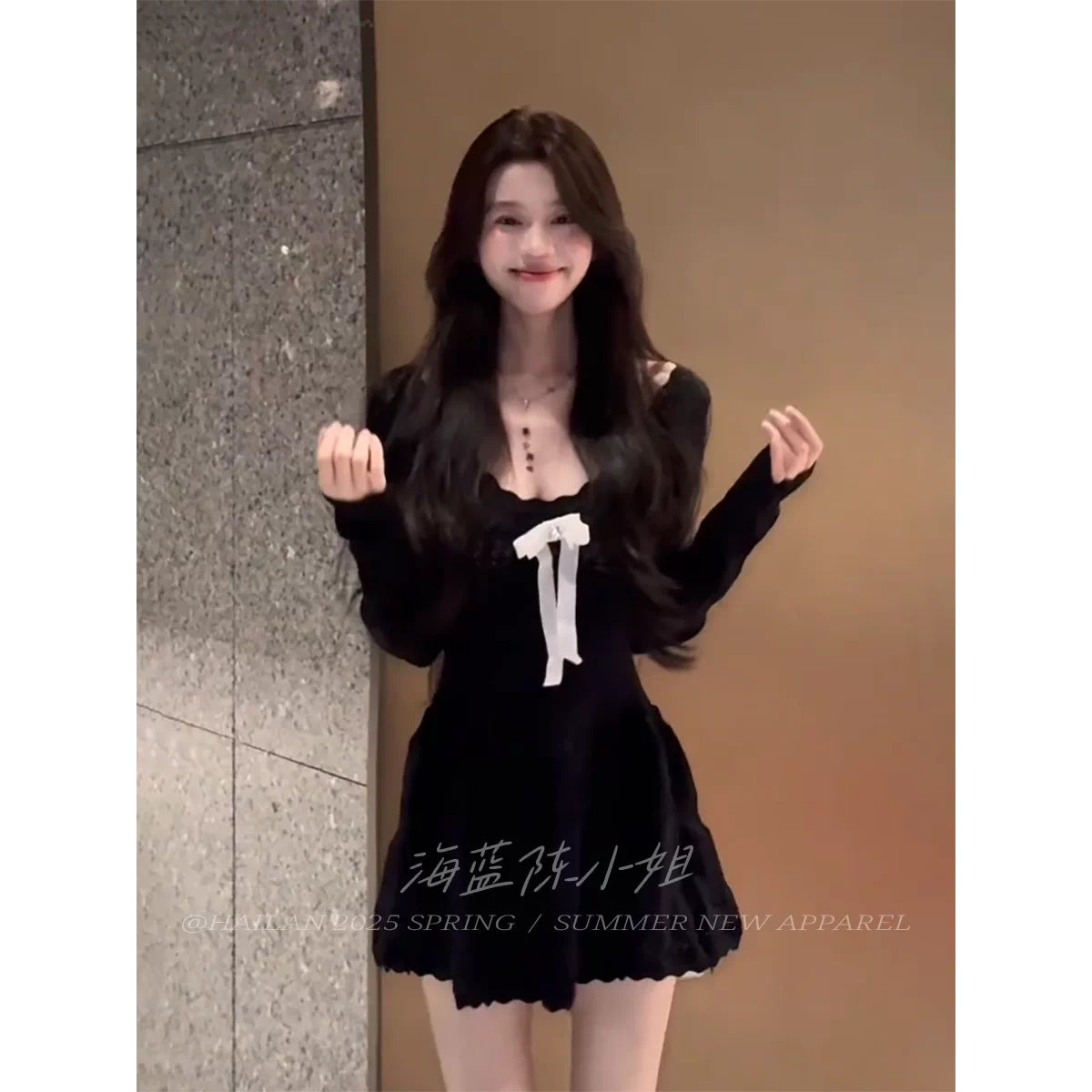 溫柔千金少女蝴蝶結鉤花針織連衣裙