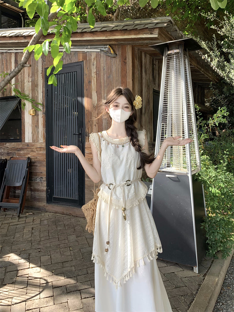波西米亞不規則流蘇馬甲上衣女度假風半身裙套裝
