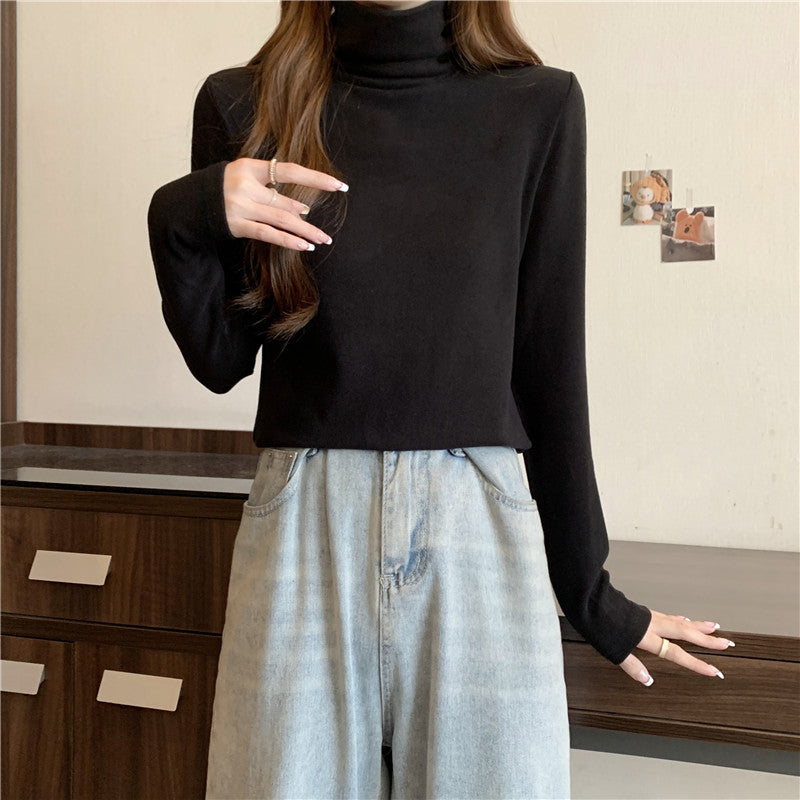 羅紋德絨長袖T恤女秋冬高領內搭打底衫
