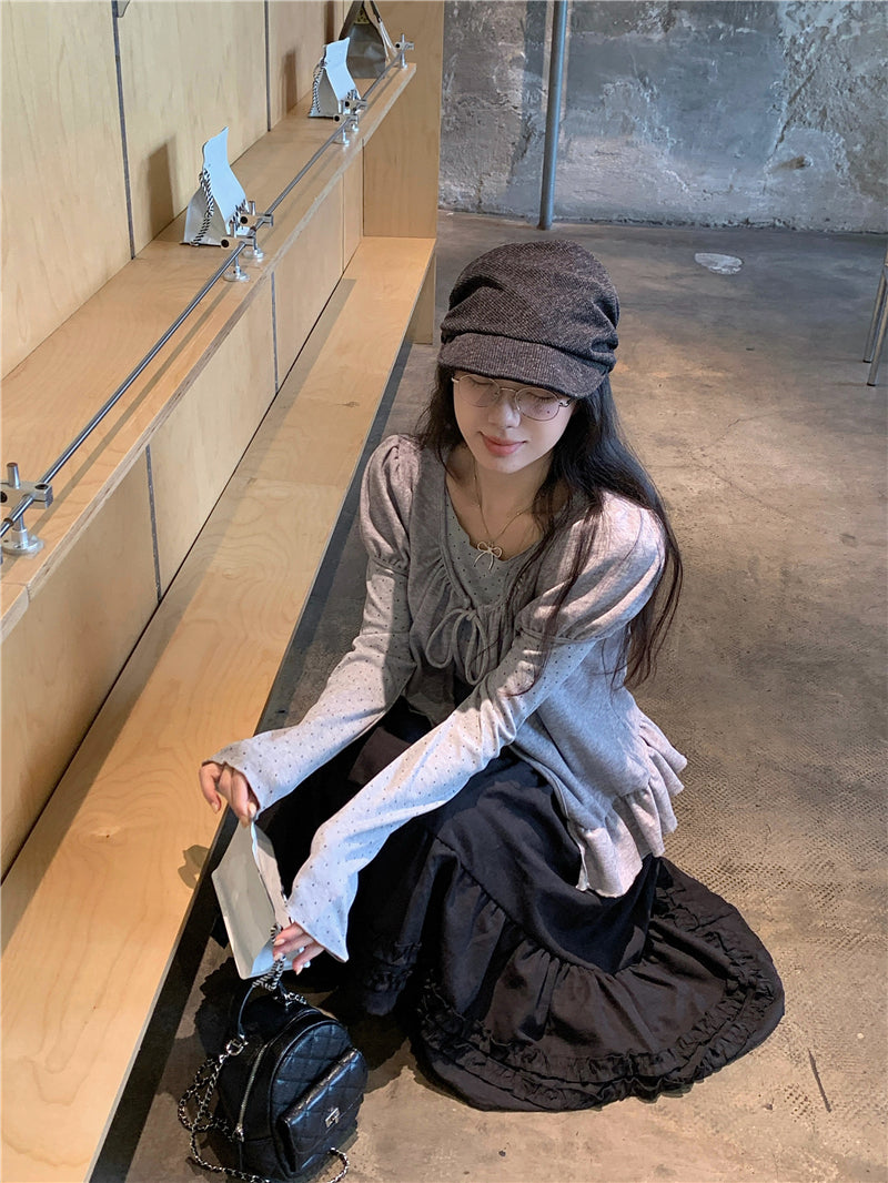 韓版甜美荷葉邊開衫波點兩件套