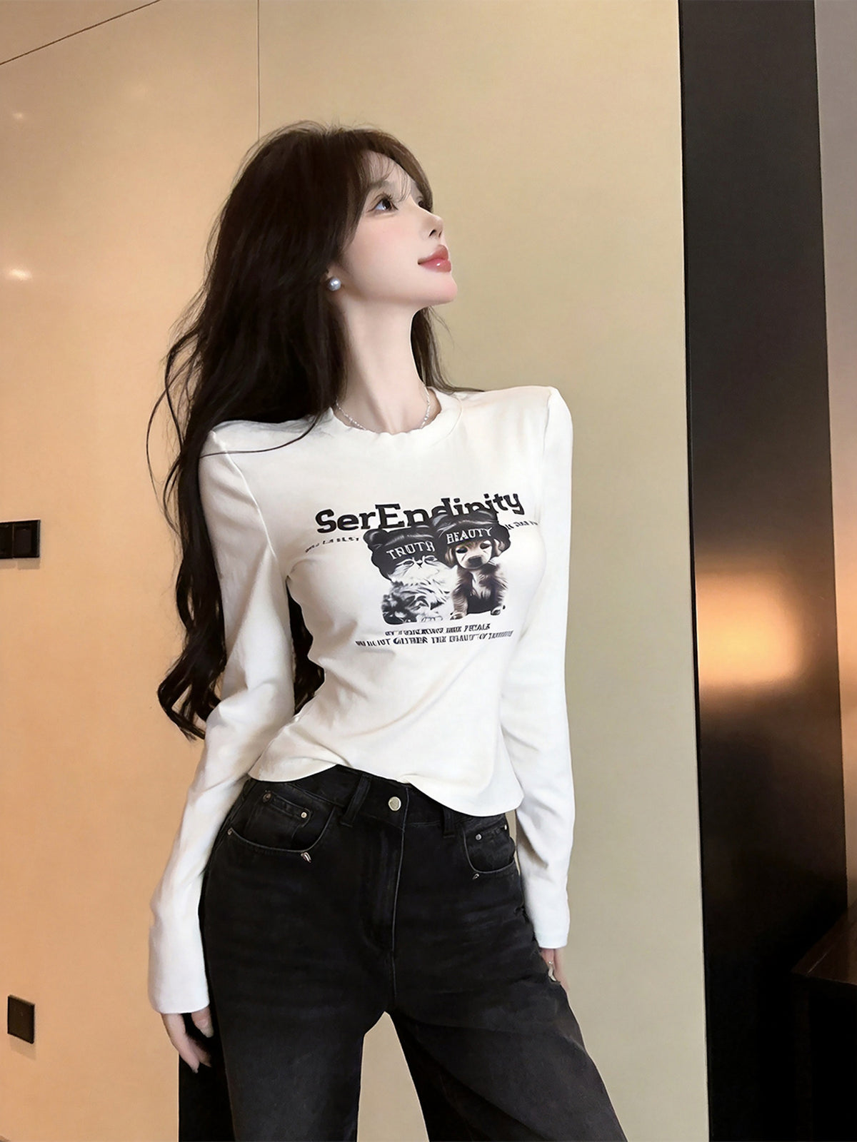 韓系小狗印花半高領修身顯瘦打底衫
