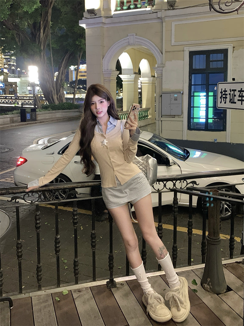 韓系穿搭假兩件襯衫套裝裙