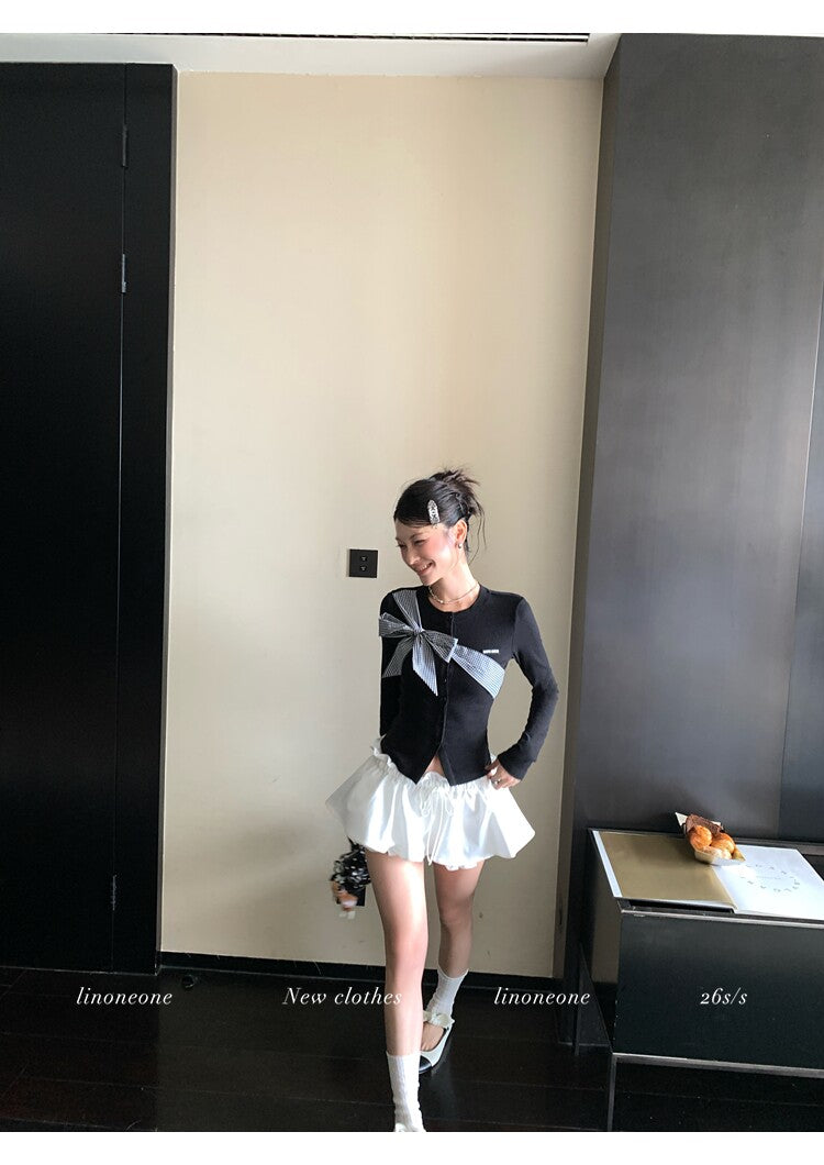 雙色格紋蝴蝶結設計感撞色針織上衣