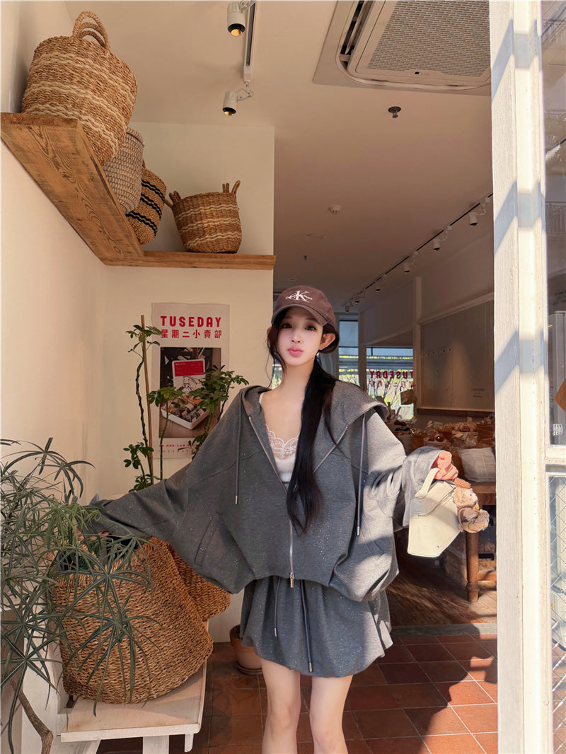 復古慵懶風連帽寬松外套花苞褲裙套裝