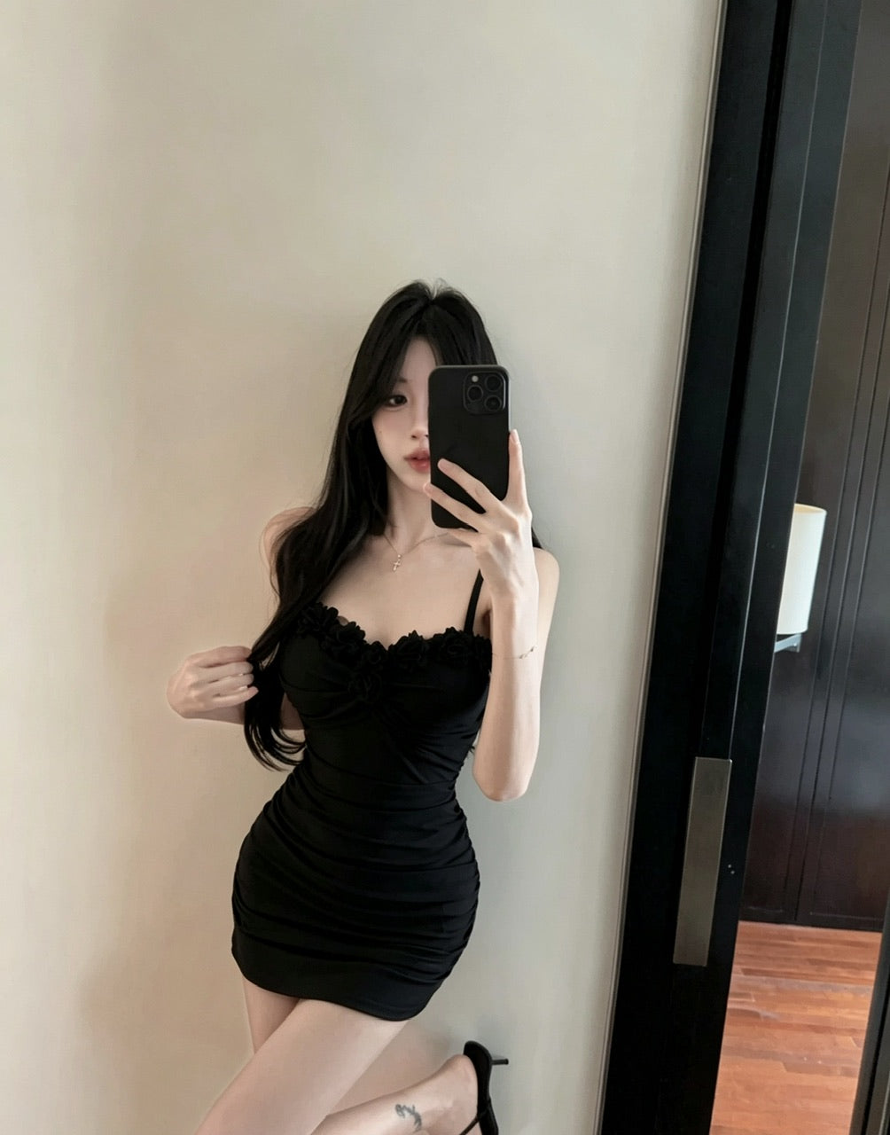 純欲風花朵拼接吊帶連衣裙