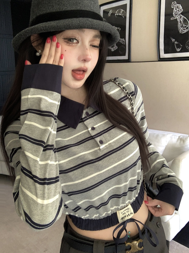 復古時髦撞色條紋拼接Polo領上衣
