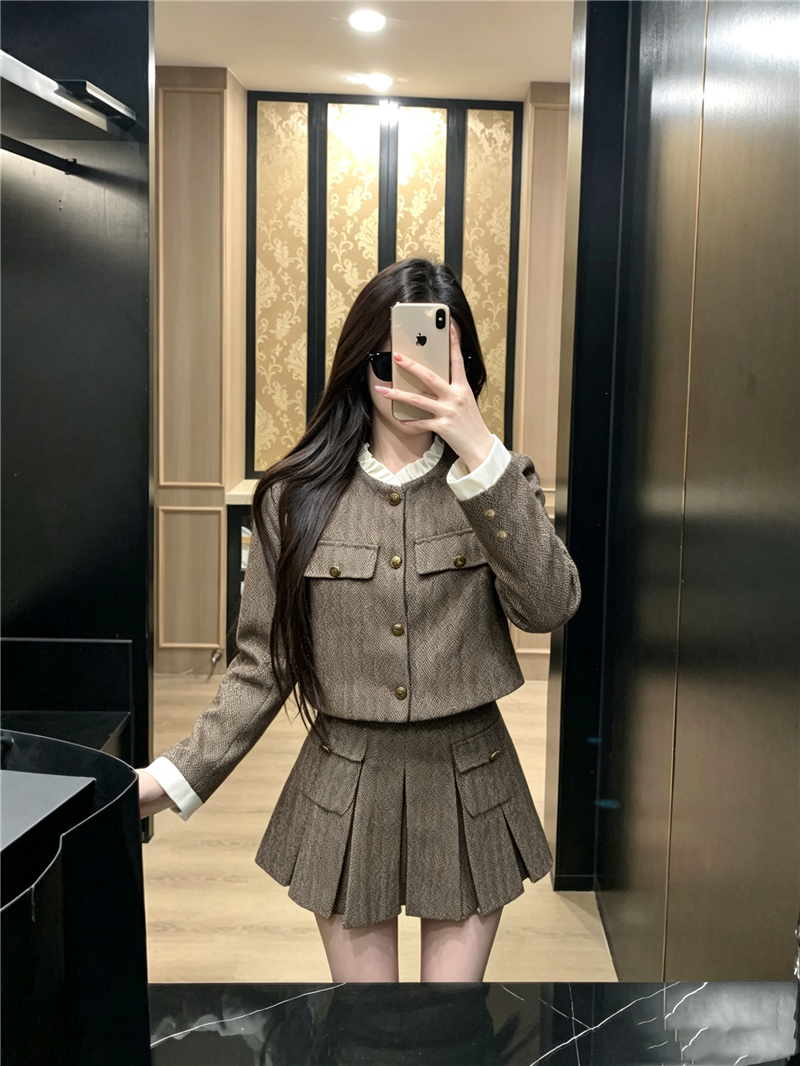 chic韓系美拉德假兩件正肩小香風毛呢兩件套