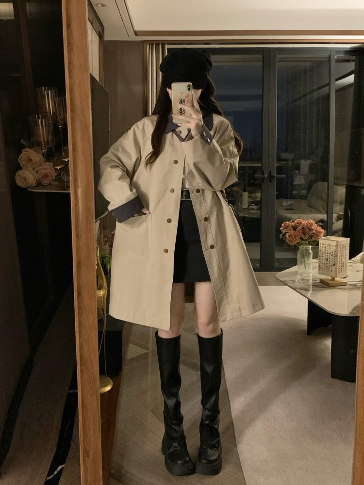 🐾拼接撞色卡其風衣外套💕春秋必備中長版外套