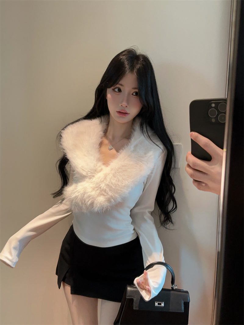 純欲辣妹毛領拼接V領內搭打底衫