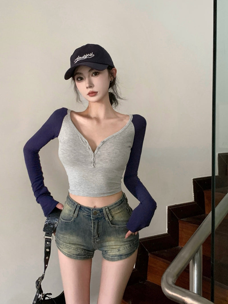 歐美V領撞色純欲排扣修身上衣