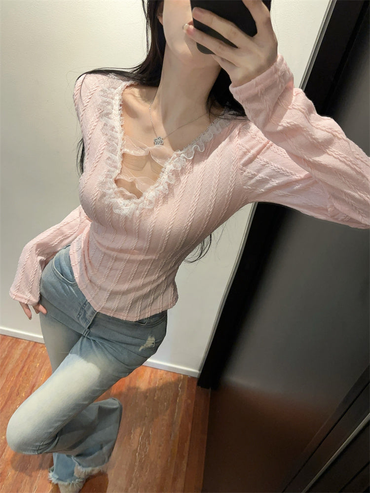 氣質甜酷辣妹花邊拼接蝴蝶結v領修身上衣