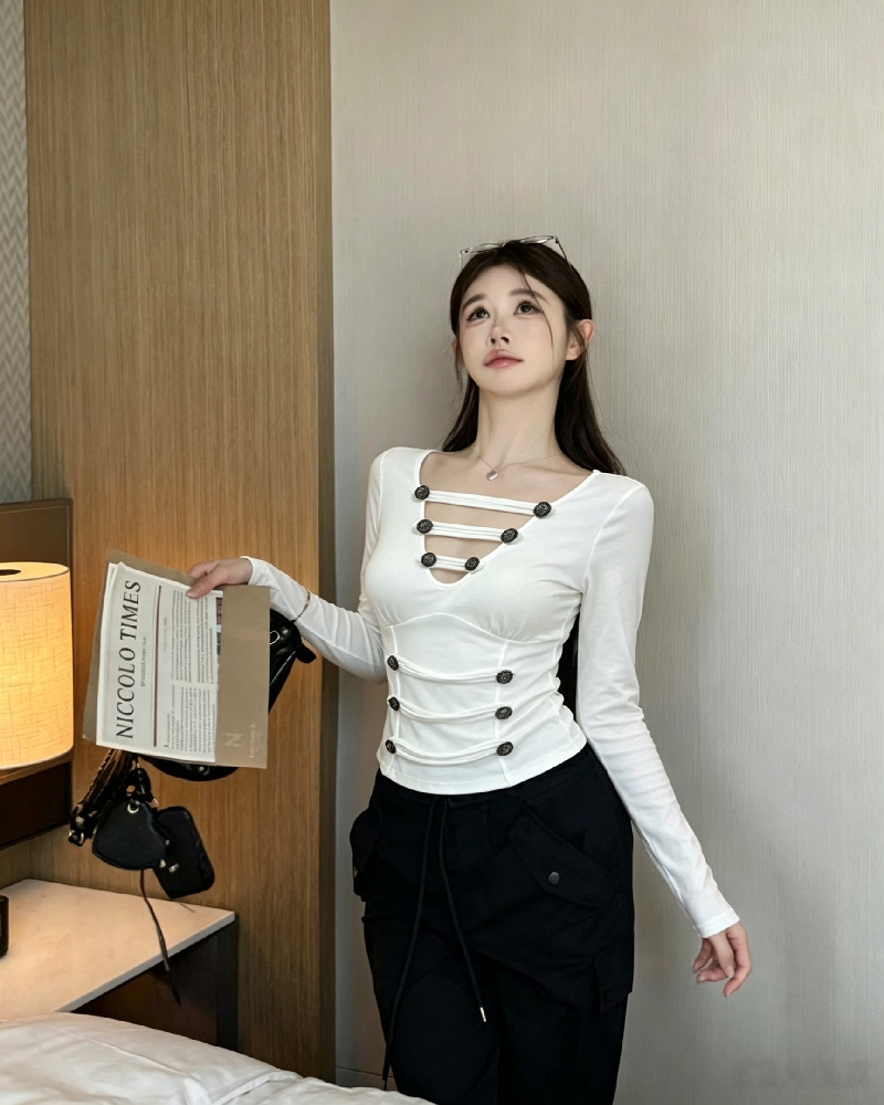 美式辣妹V領鏤空顯瘦上衣