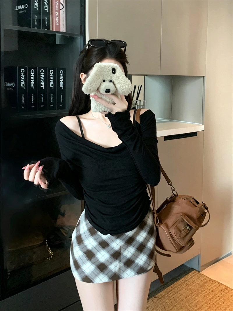 氣質設計感假兩件上衣帶胸墊