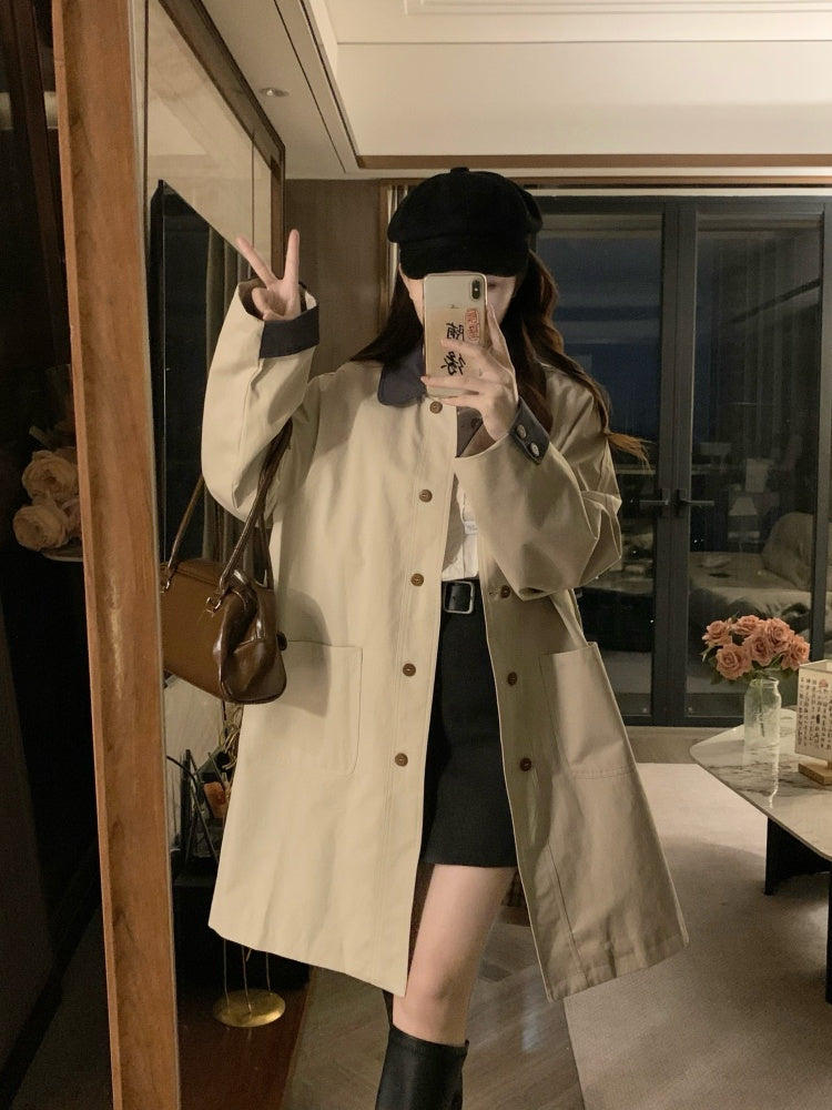 🐾拼接撞色卡其風衣外套💕春秋必備中長版外套