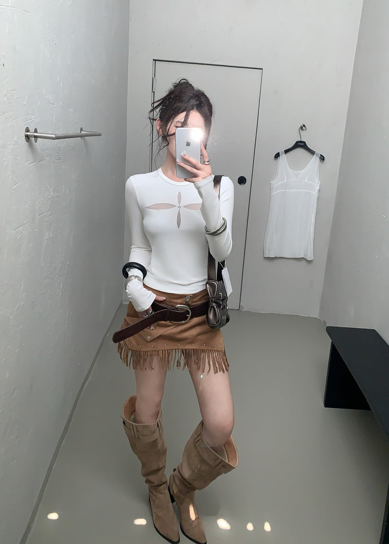 辣妹鏤空網紗拼接燙鑽長袖