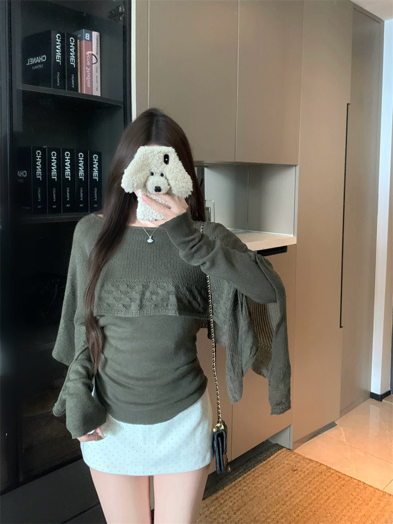 韓系設計感假兩件披肩上衣