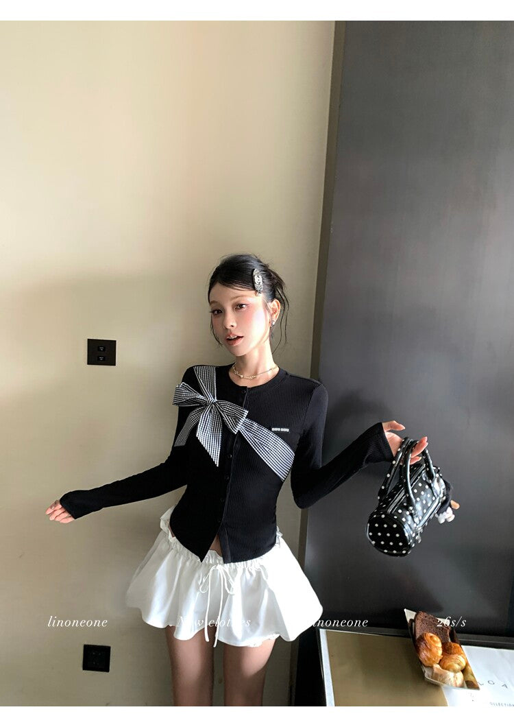雙色格紋蝴蝶結設計感撞色針織上衣