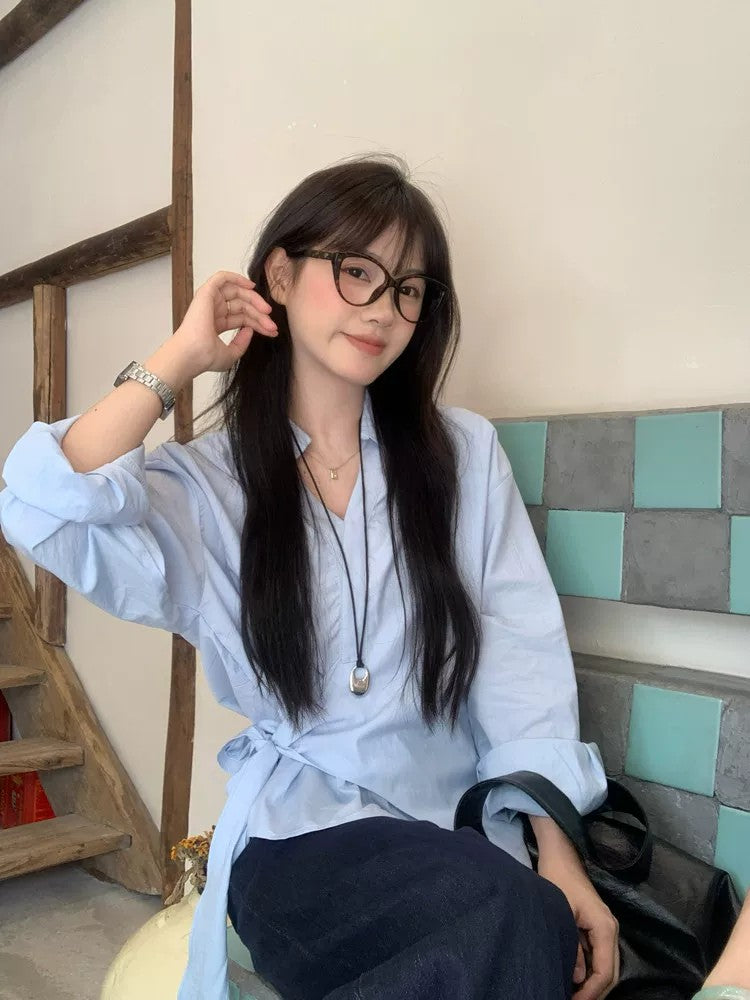 韓系設計感藍色不規則綁帶上衣