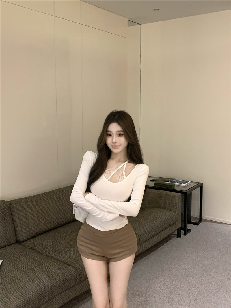 性感純欲風蕾絲假兩件上衣