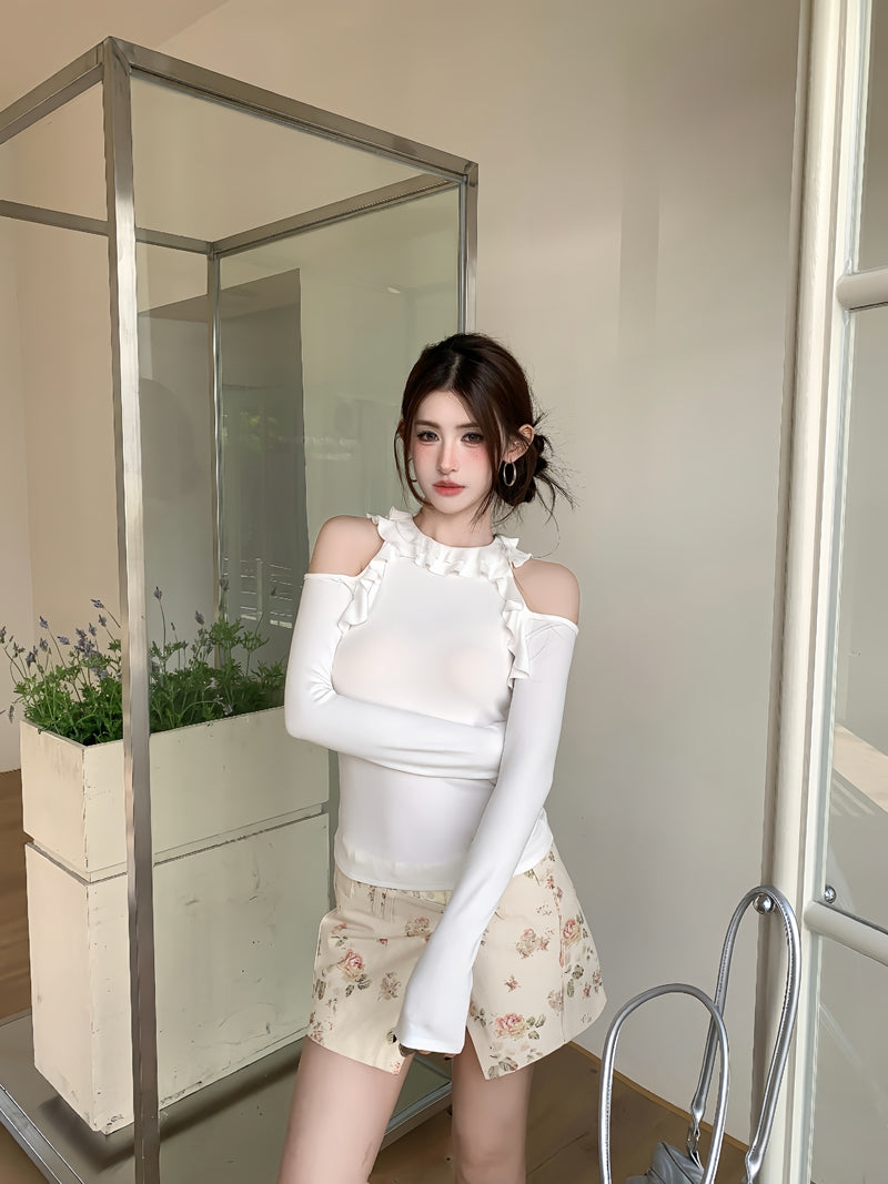 辣妹氣質圓領荷葉邊露肩修身上衣