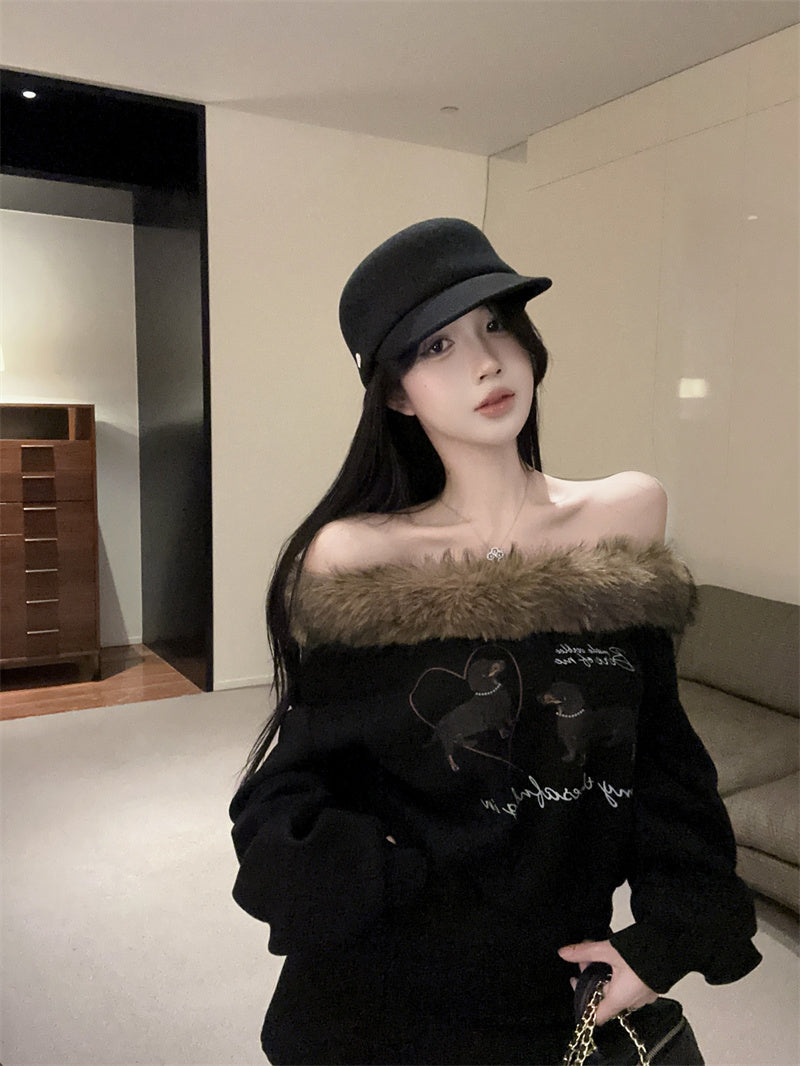 美式復古可愛薄款露肩可拆毛領斜肩上衣