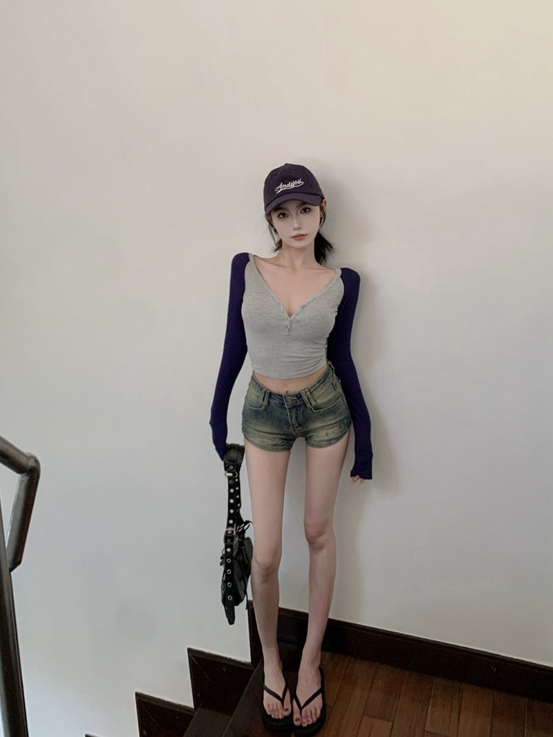 歐美V領撞色純欲排扣修身上衣