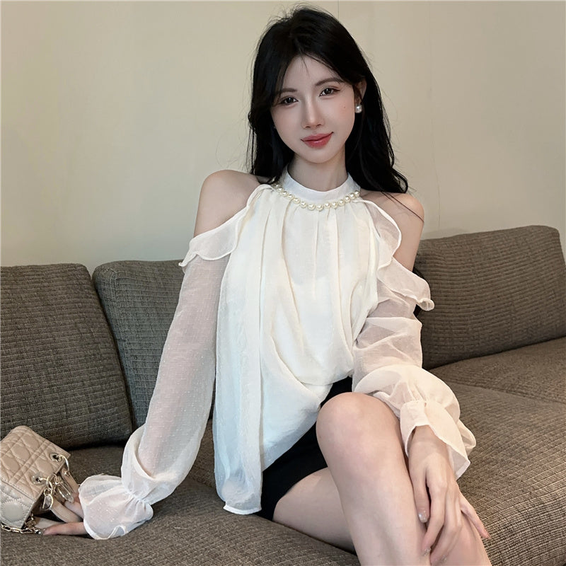 法式珍珠掛脖露肩上衣