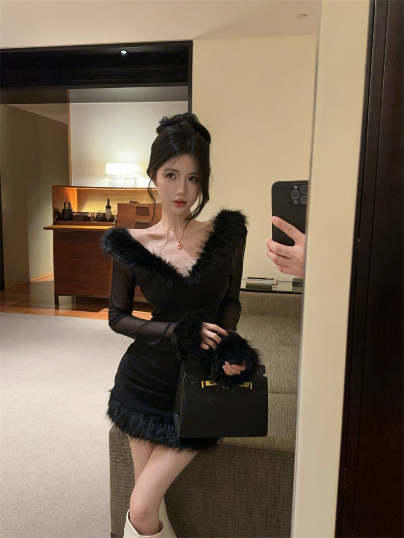 純欲性感辣妹毛毛領微透高腰連衣裙