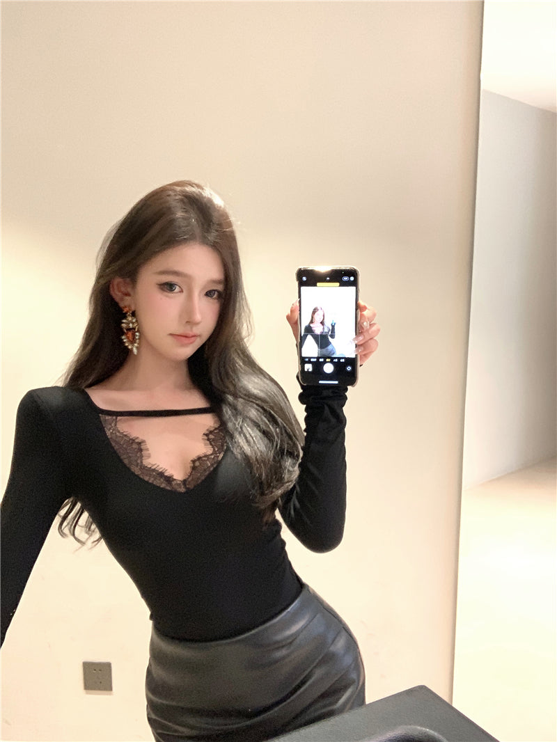 甜美純欲氣質蕾絲拼接上衣