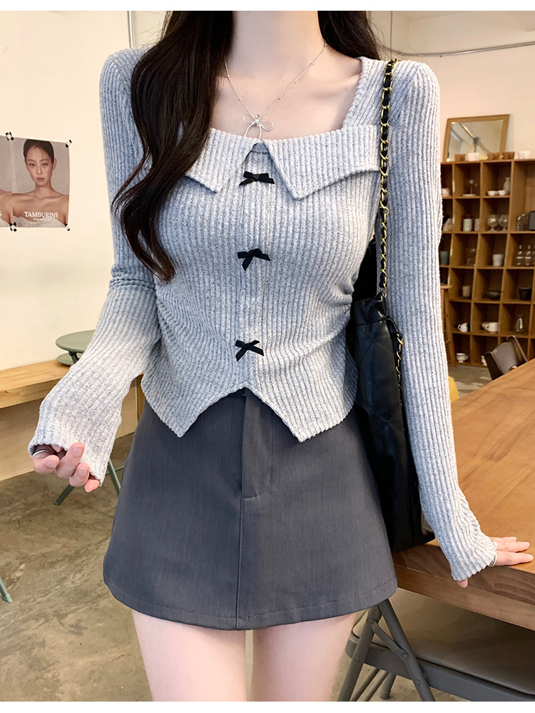 美式覆古辣妹蝴蝶結方領長袖