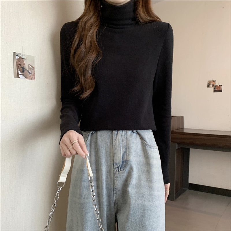 羅紋德絨長袖T恤女秋冬高領內搭打底衫