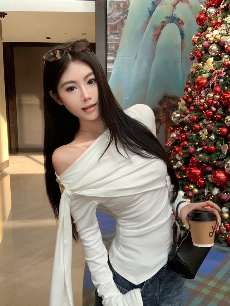 飄帶不規則針織收腰內搭上衣