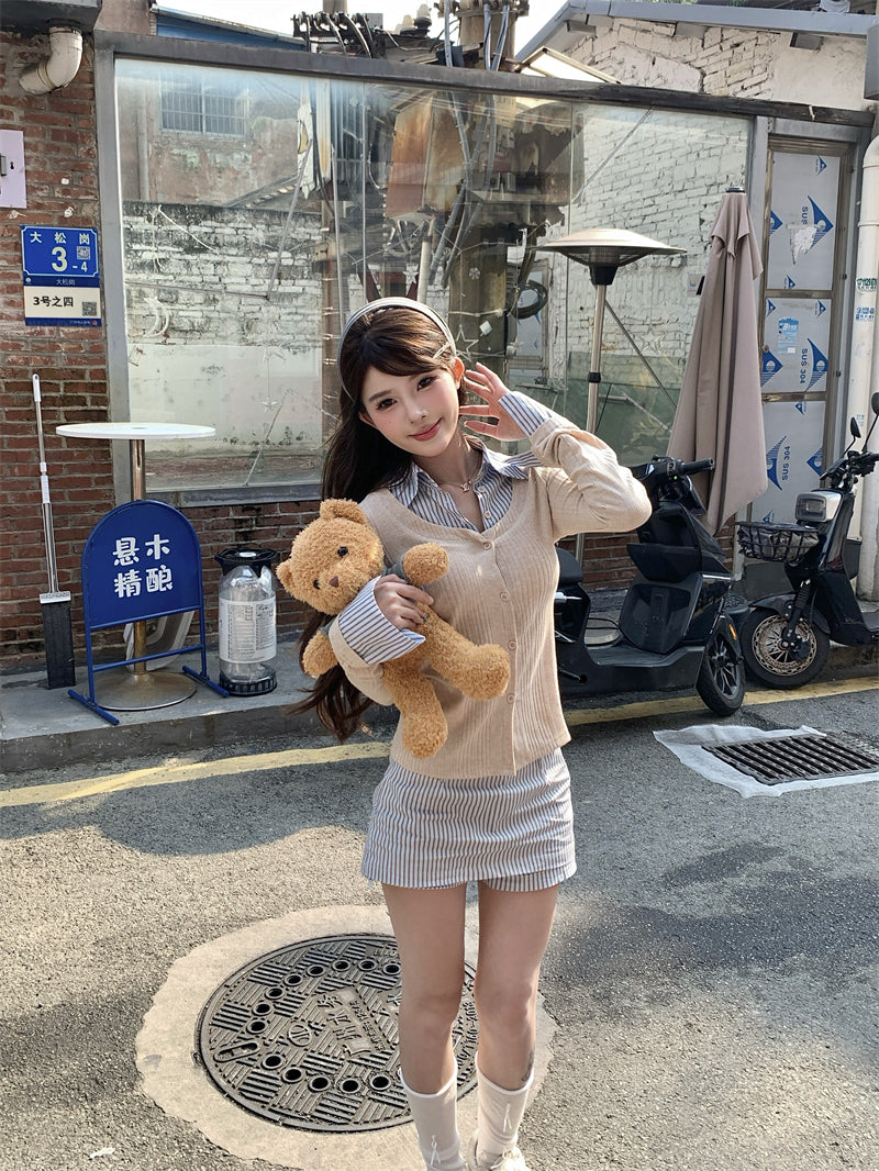 韓系穿搭假兩件襯衫套裝裙