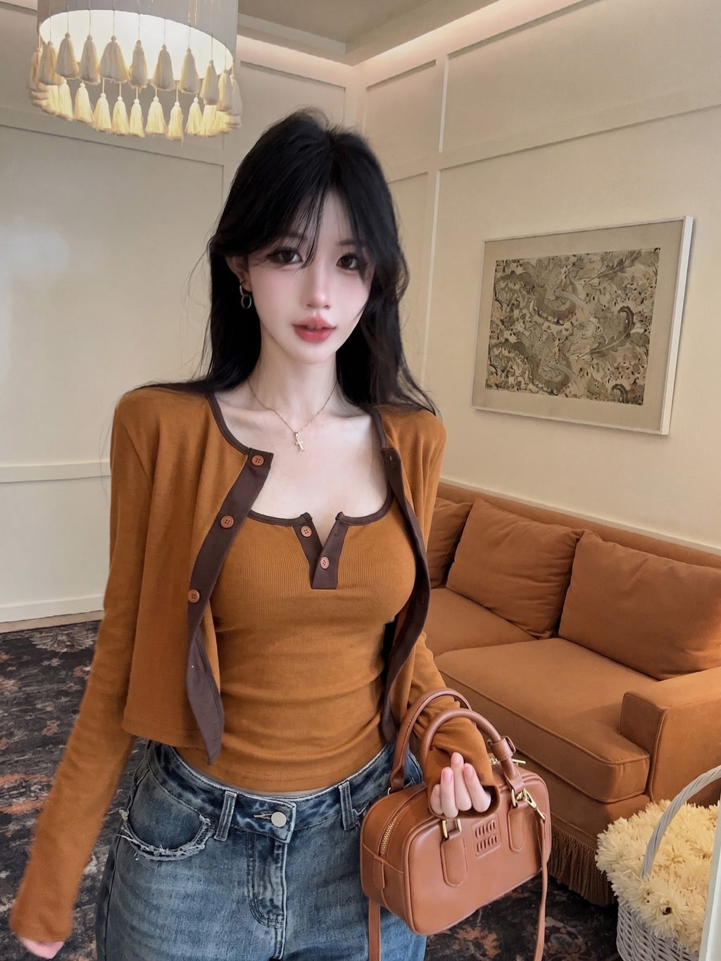設計感撞色背心兩件套裝