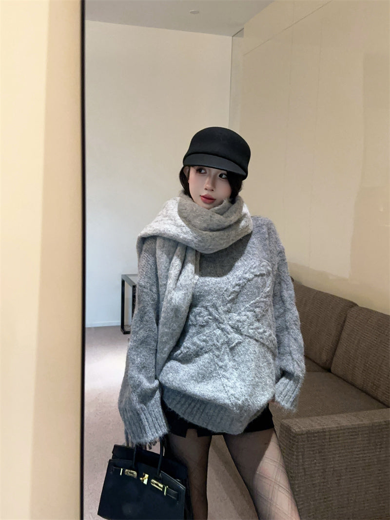 慵懶高級感蝴蝶結圓領寬鬆針織衫
