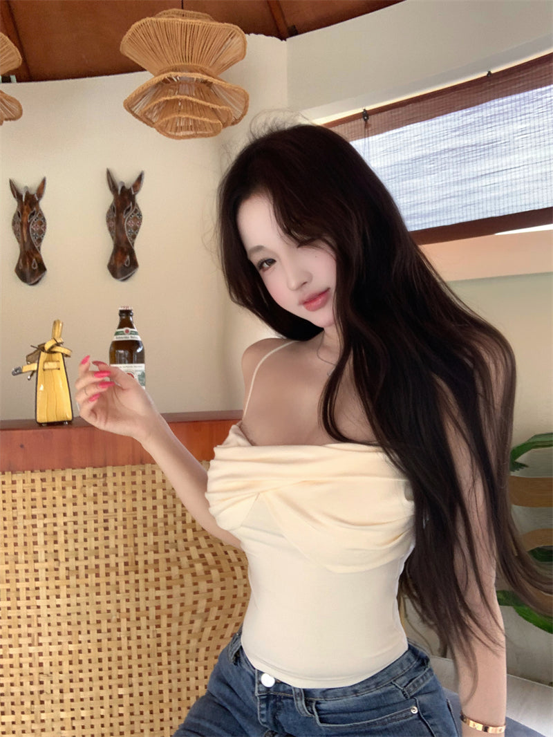 純欲修身帶胸墊褶皺吊帶背