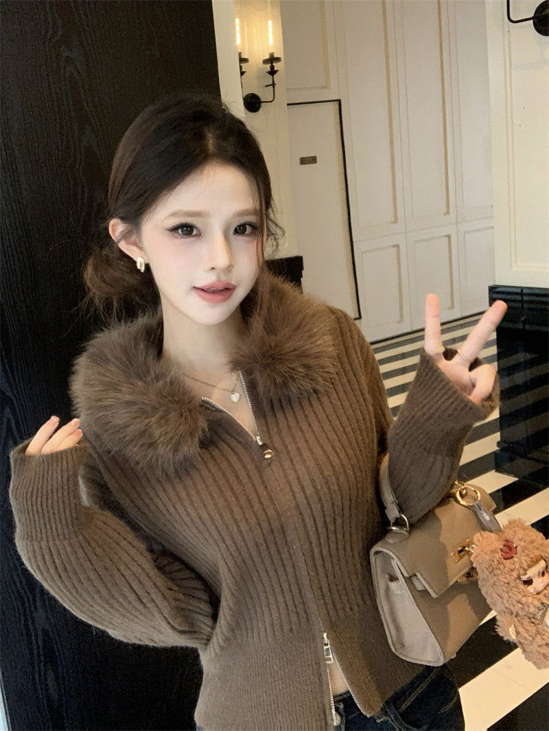 復古慵懶風毛領條紋針織衫外套