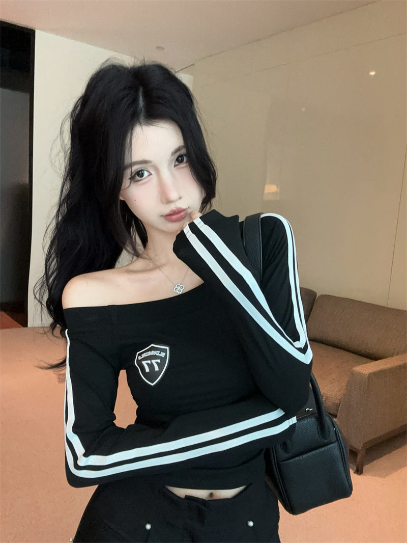 美式辣妹一字肩印花修身顯瘦上衣