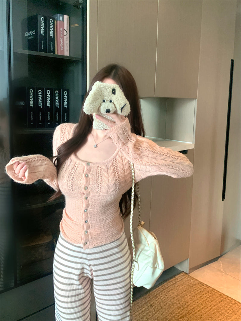 溫柔風圓領麻花拼接休閒上衣