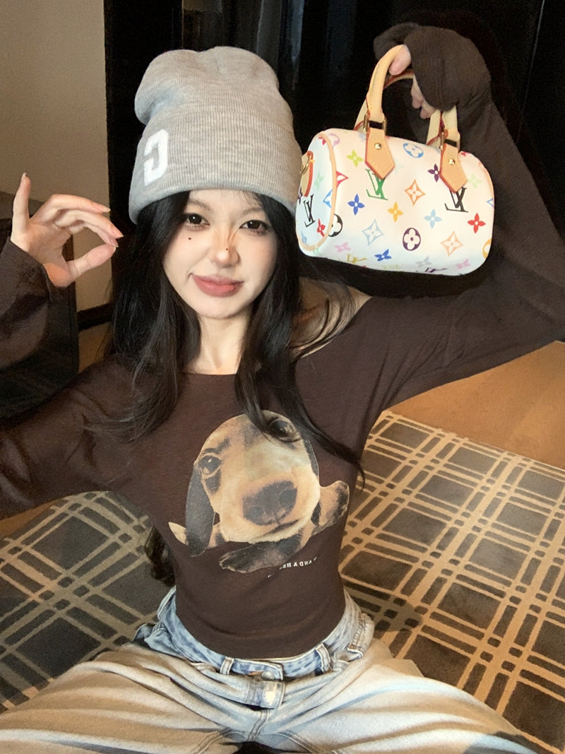 休閒可愛一字肩小狗上衣