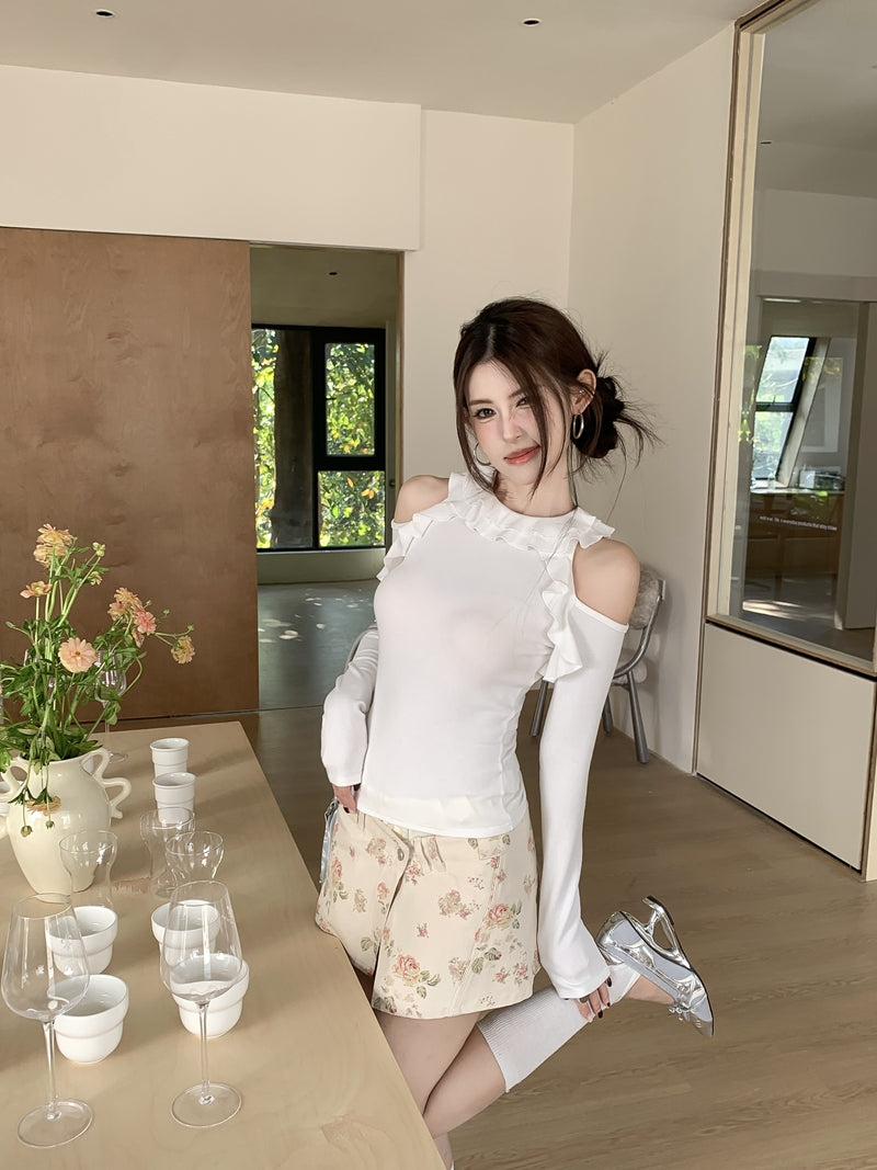 辣妹氣質圓領荷葉邊露肩修身上衣