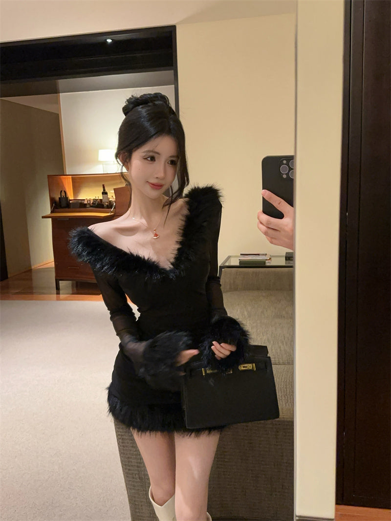 純欲性感辣妹毛毛領微透高腰連衣裙