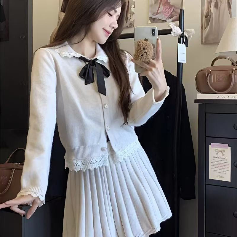 小香風蝴蝶結花邊百褶半身裙套裝