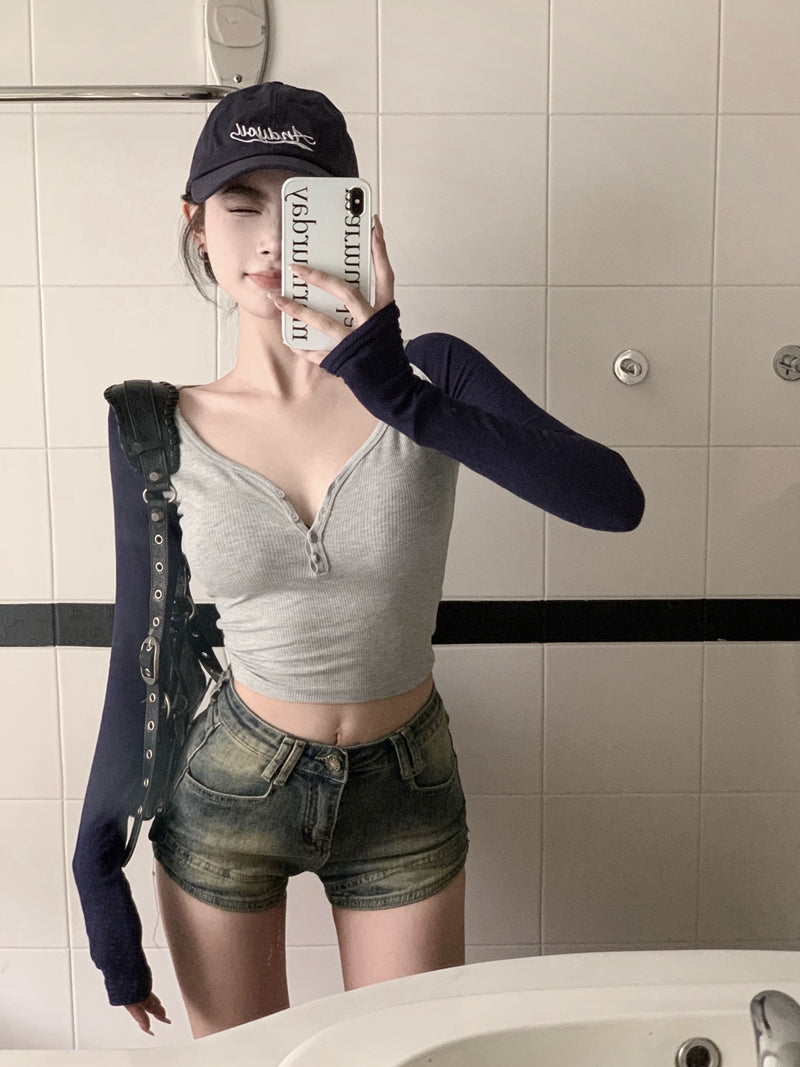 歐美V領撞色純欲排扣修身上衣